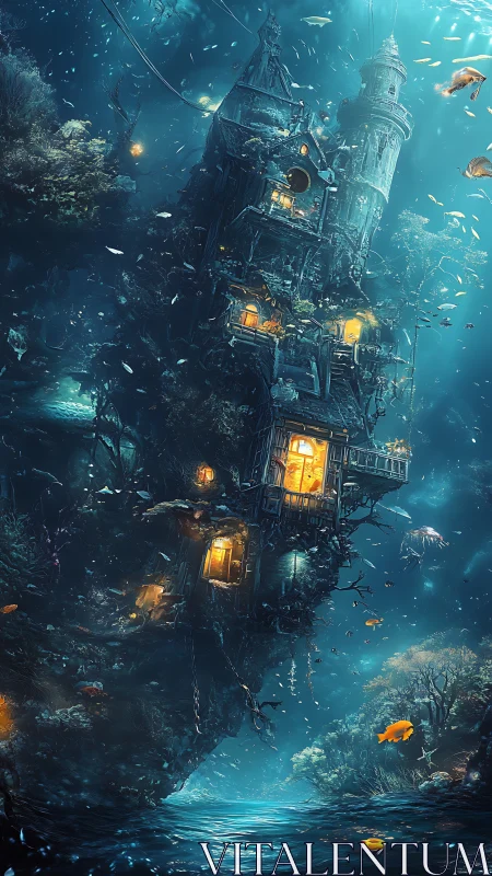 Submerged Victorian tower house glows amid bioluminescent reef