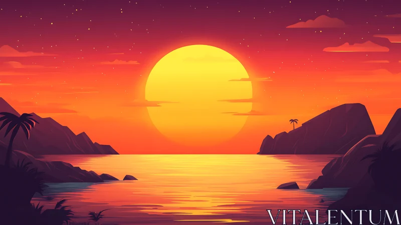 Radiant tropical sunset bathes quiet bay in glowing light.