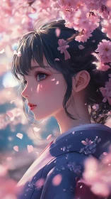 Cherry blossom girl in profile amid drifting spring petals.