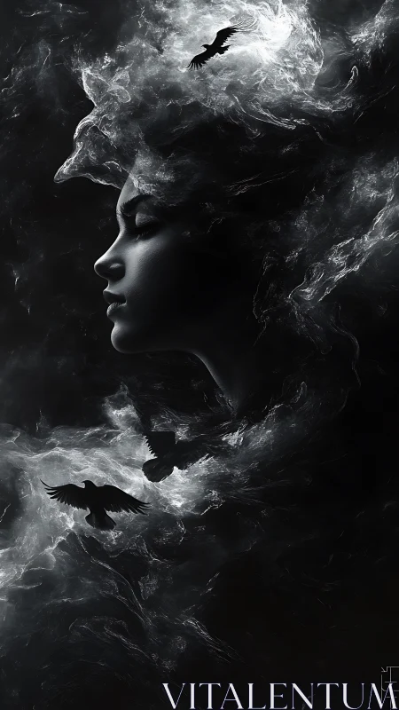 Profile silhouette merging with swirling smoke and birds.