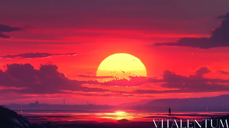 Sunset swallows the horizon while a lone dreamer watches