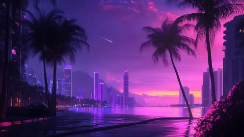 Neon-lit coastal cityscape is rendered under magenta twilight
