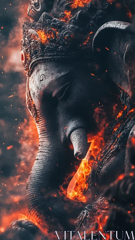 Fiery stone elephant deity statue amid swirling embers.