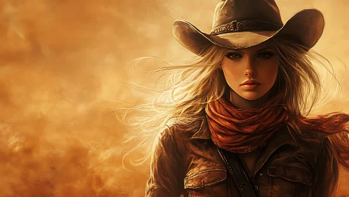 Cowgirl portrait in dusty golden western desert scene.