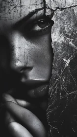 High-contrast monochrome portrait with fractured stone overlay