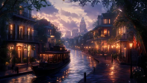 Canal of lantern-lit balconies under a lavender evening hush.