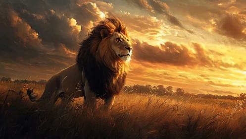 Male lion in golden savanna grass under dramatic sunset sky