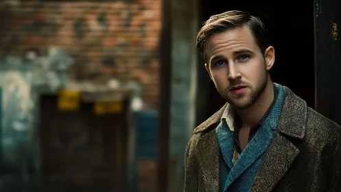Moody portrait man in vintage coat near brick alleyway.