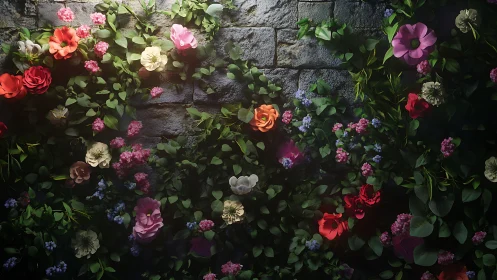 Layered floral garden wall composition with luminous rose tones against dark masonry