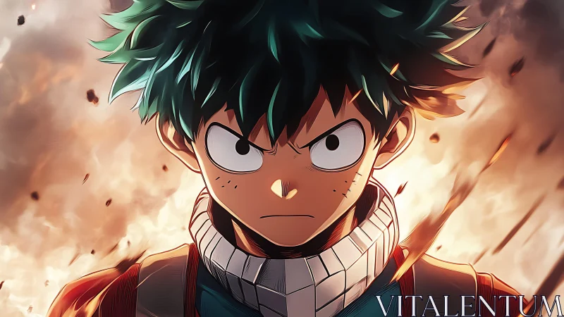 Determined anime hero stands amid swirling fiery chaos.