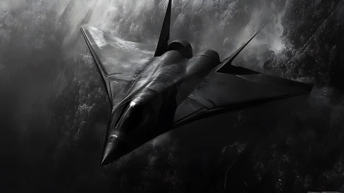 Stealth jet aircraft over dark clouds in dramatic light.