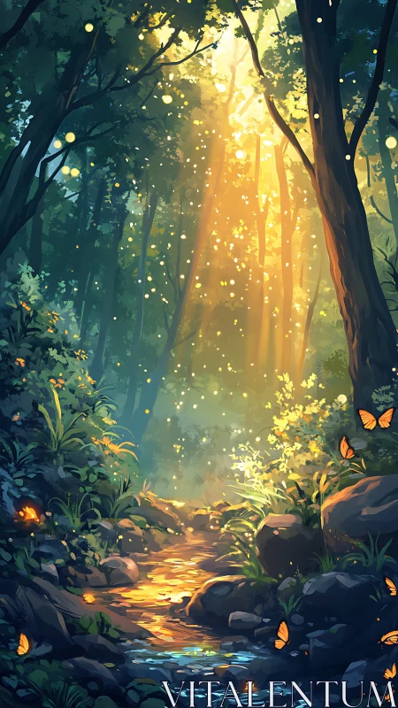 Forest pathway with luminescent particles and butterfly specimens.