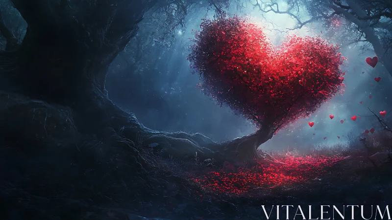 Heart-Shaped Tree Glowing Red in Dark Forest Setting.