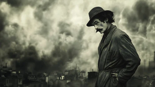 Smokestack skyline with trenchcoat figure in moody grayscale