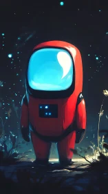 Red cartoon astronaut stands alone in glowing night scene