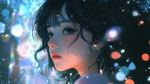 Melancholic anime girl in glowing blue and orange bokeh lights.