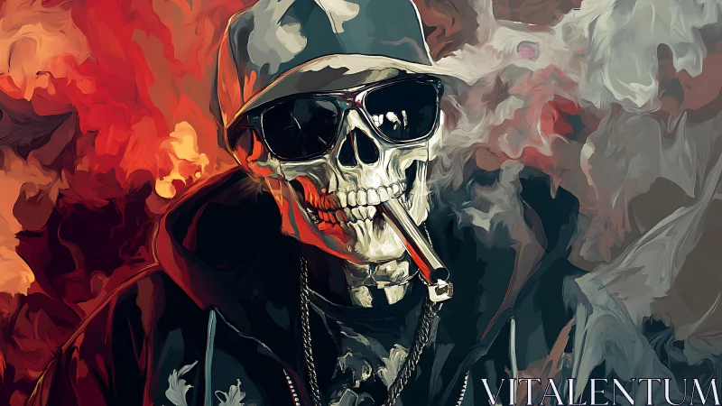 Skull figure in hooded jacket with cigarette and smoke