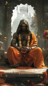 Meditative ascetic seated in ornate shrine under diffused temple light