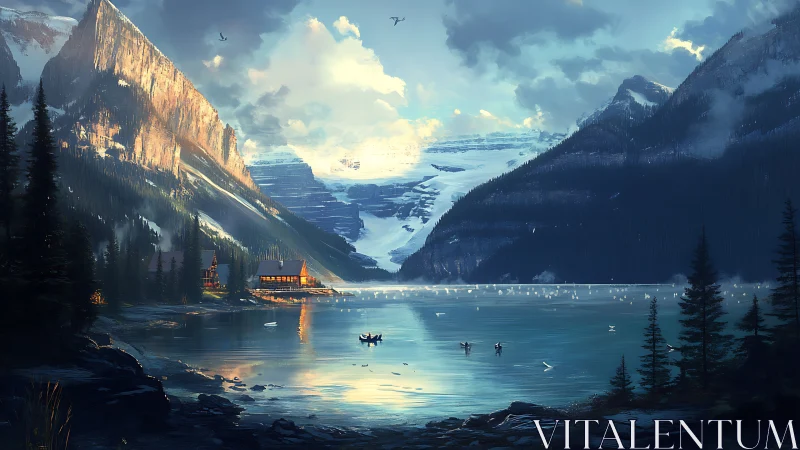 Mountain lake with cabins, glacier, and small boats at dusk.