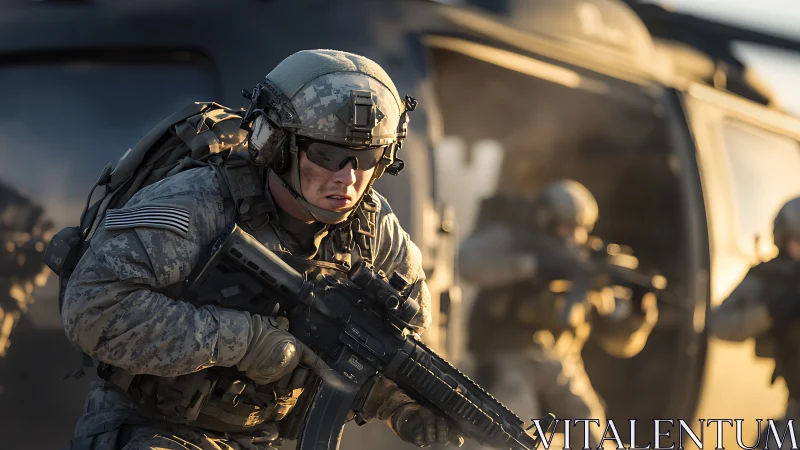 Soldier advances from helicopter during intense combat mission.