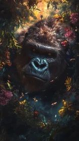 Gentle jungle giant resting among glowing forest blooms.