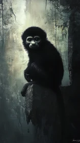 Moody digital portrait of solitary primate on stone ledge.
