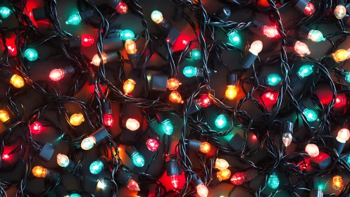 Tangled multicolor string lights on dark cable background.