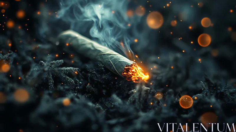 Burning rolled cigarette smolders on dark ground surface