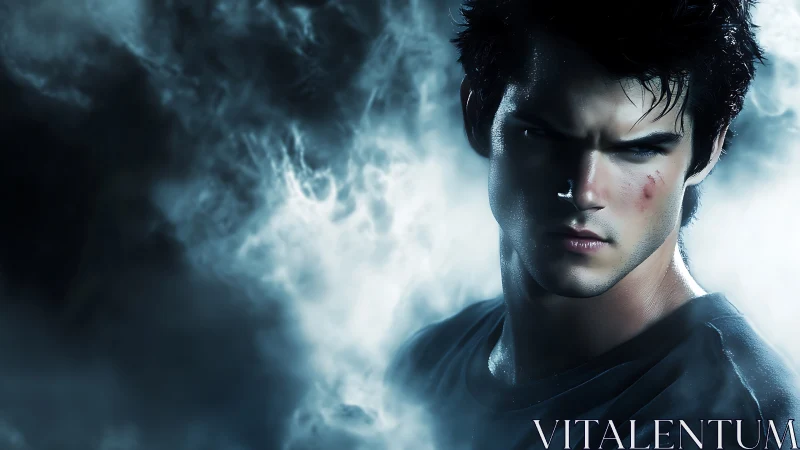 Brooding young fighter in dark misty blue atmosphere.