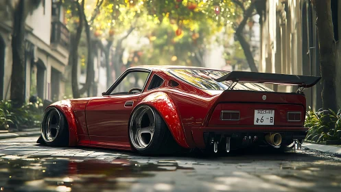 Low-slung red tuner car in sunlit urban alleyway scene.