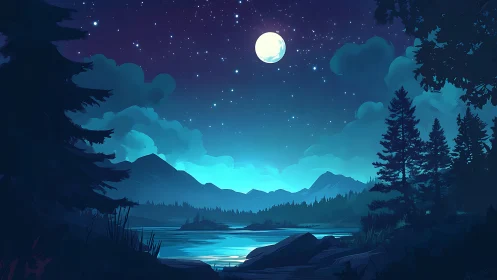 Moonlit alpine lake rendered in stylized nocturnal digital art