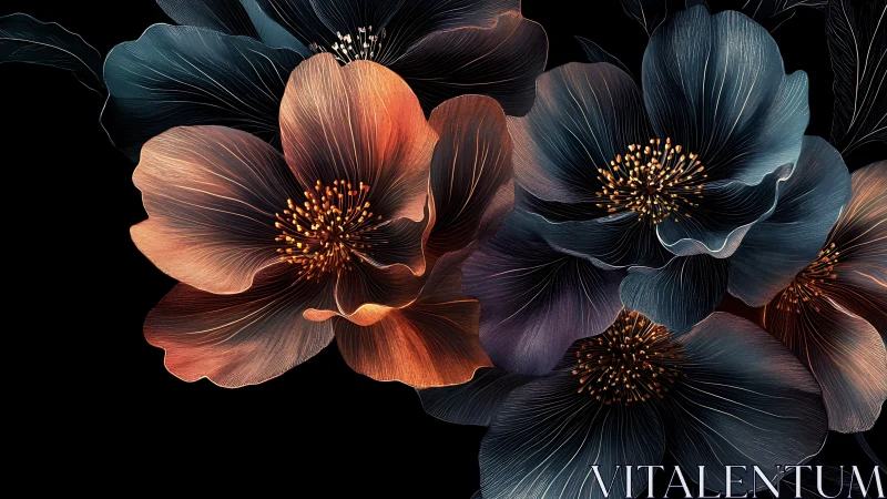 Luminescent Flowers with Golden Stamens on Dark Background.