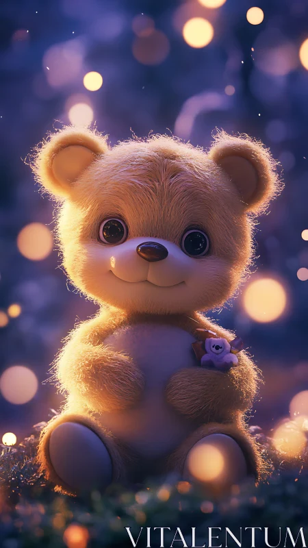 Softly glowing teddy duo share secrets in a twilight meadow