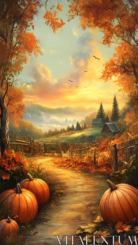 Pumpkin lane glows beneath a blazing harvest sunset sky.