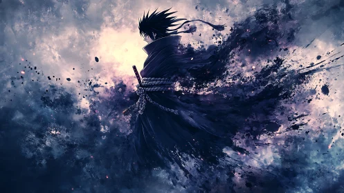 Solitary anime swordsman dissolves into stormy cosmic dusk