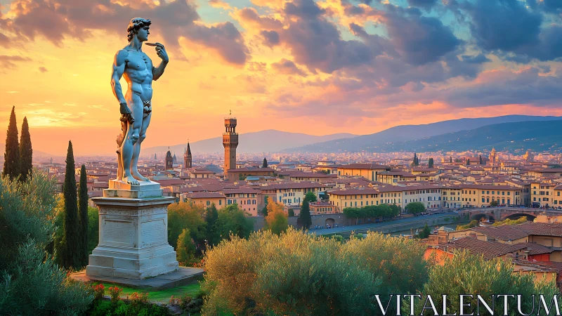 Sunlit statue watching over a golden Tuscan cityscape.