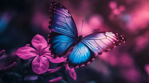 Iridescent blue butterfly over magenta blossom bokeh field.