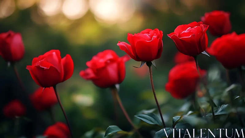 Vivid Red Rose Blooms Captured in Shallow Depth of Field with Golden Bokeh