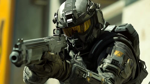 Futuristic tactical operator with modular armor and rifle poised
