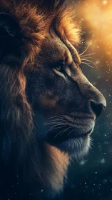Majestic lion profile studies golden backlight and sparks