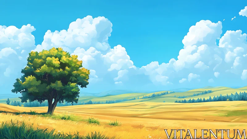 Solitary green tree under billowing clouds in golden fields.