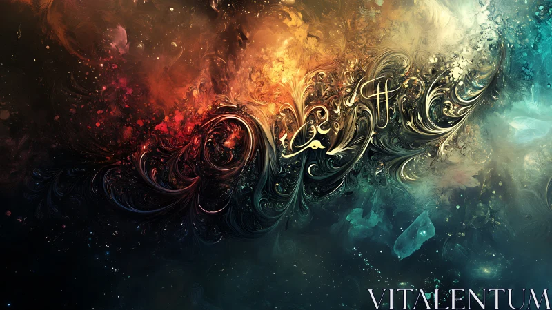 Swirling cosmic typography in molten teal and ember gradients.