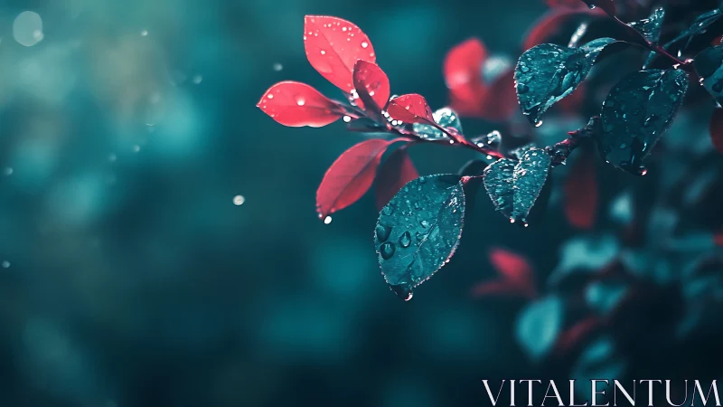 Raindrop-kissed red and teal leaves in tranquil twilight.