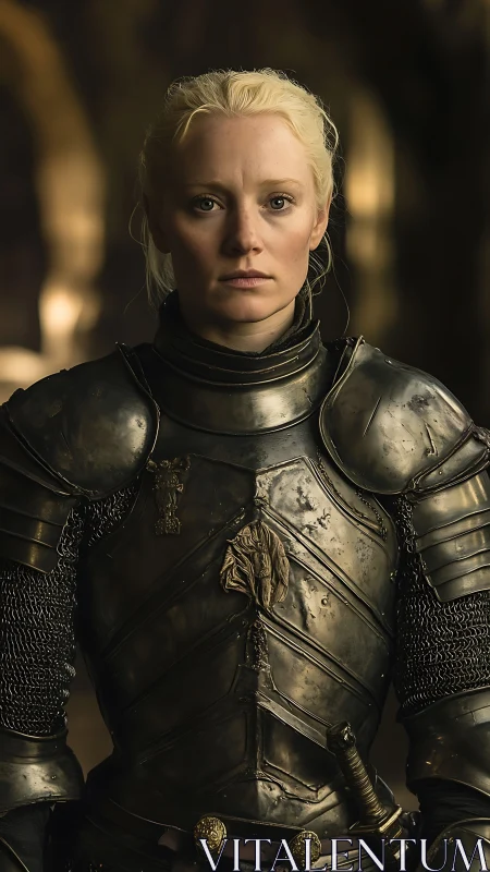 Blonde female knight stands in worn steel plate armor