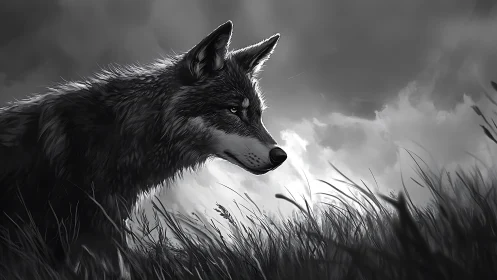Monochrome side profile of lone wolf in tall grass field.