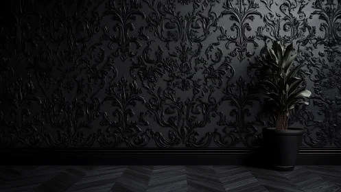 Black baroque wall relief with potted plant contrast.