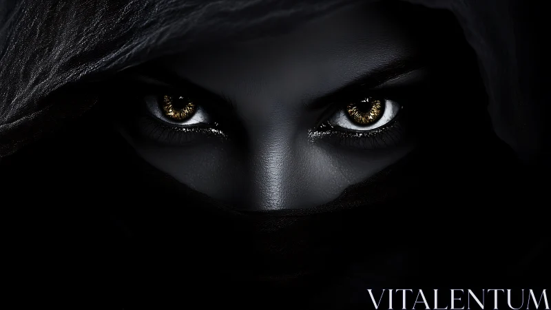 Gilded eyes ignite the shadows beneath a midnight hooded veil.
