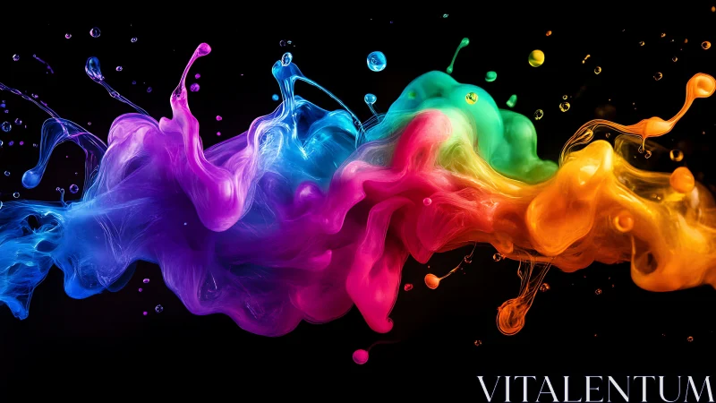 Multicolor fluid dynamics plume with volumetric glow and droplets