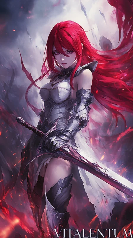 Armored red-haired swordswoman stands amid erupting crimson embers