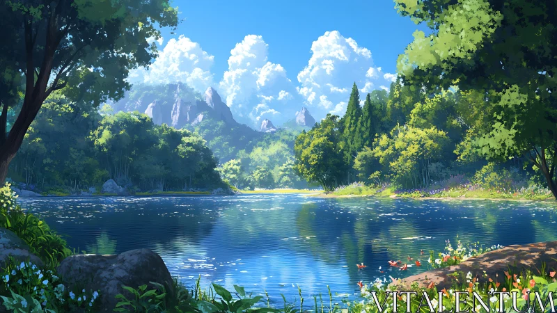 Mountain lake reflects dense forest under bright sky